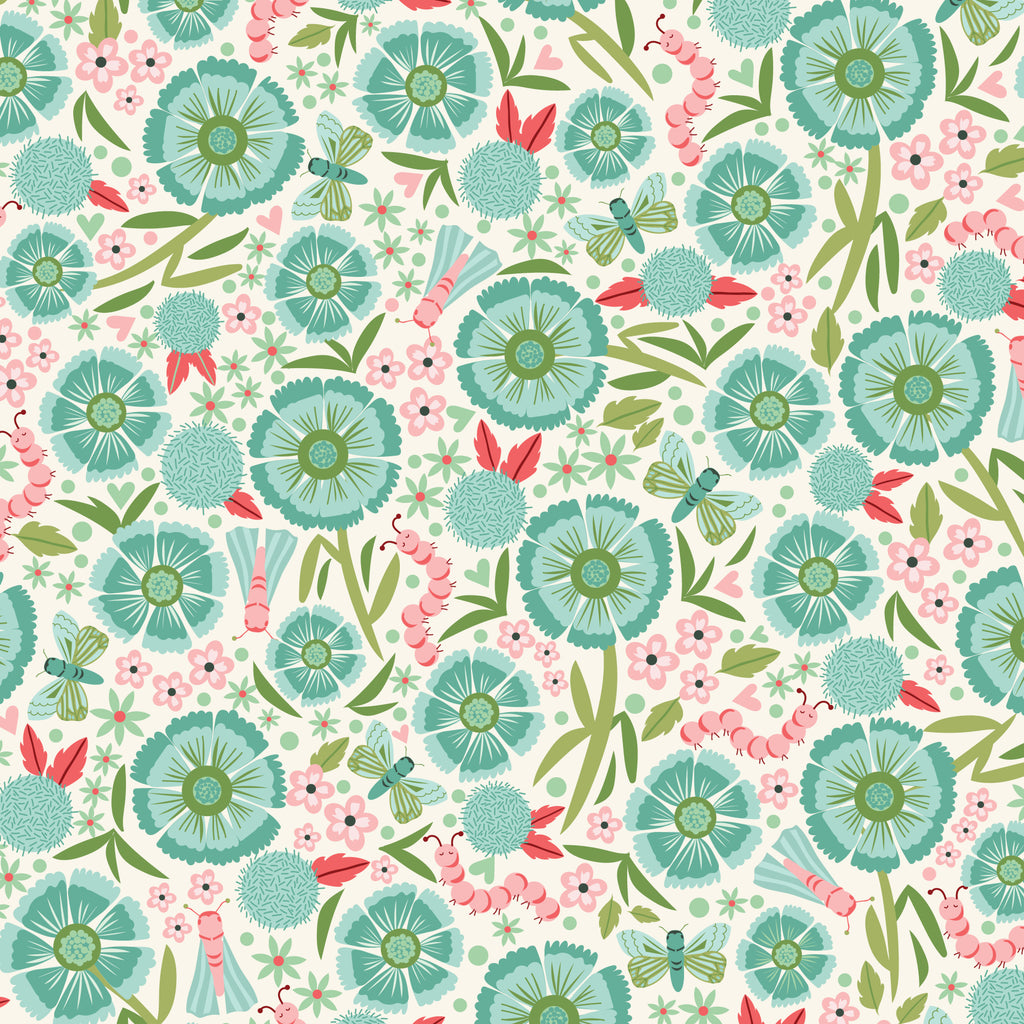 Garden Whimsy - Turquoise - Love Bugs - Cloud9 Fabric - Quilting Fabric by the Yard