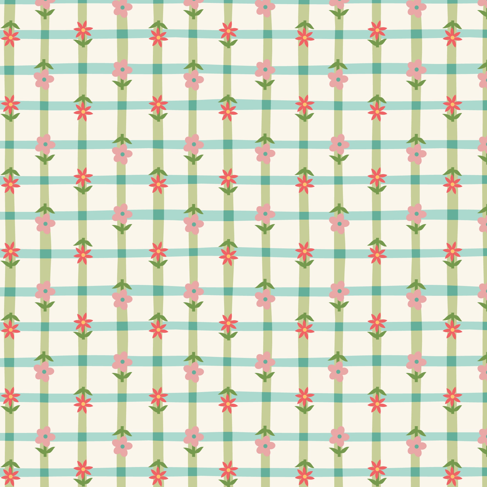 Petal Plaid - Green/Turquoise - Love Bugs - Cloud9 Fabric - Quilting Fabric by the Yard