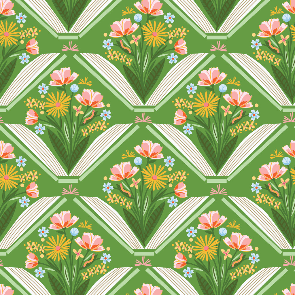 PRE-ORDER - Stories Bloom in Green - Bookworm - Cloud9 Fabric - Quilting Fabric by the Yard