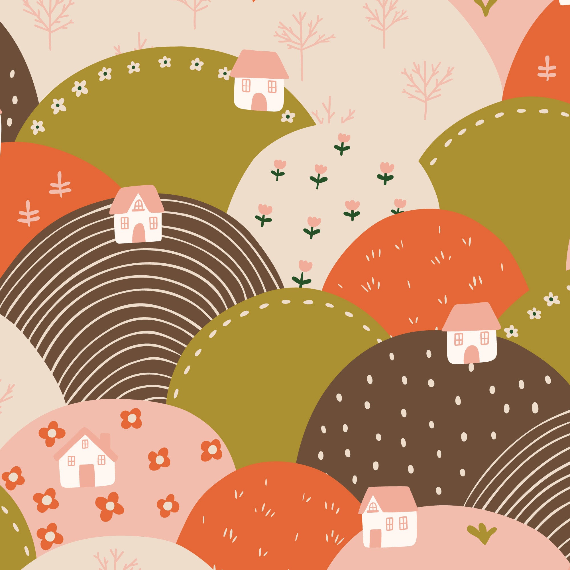PRE-ORDER - Patchwork Hills in Pink/Brown - It was the 70's - Cloud9 Fabric - Quilting Fabric by the Yard