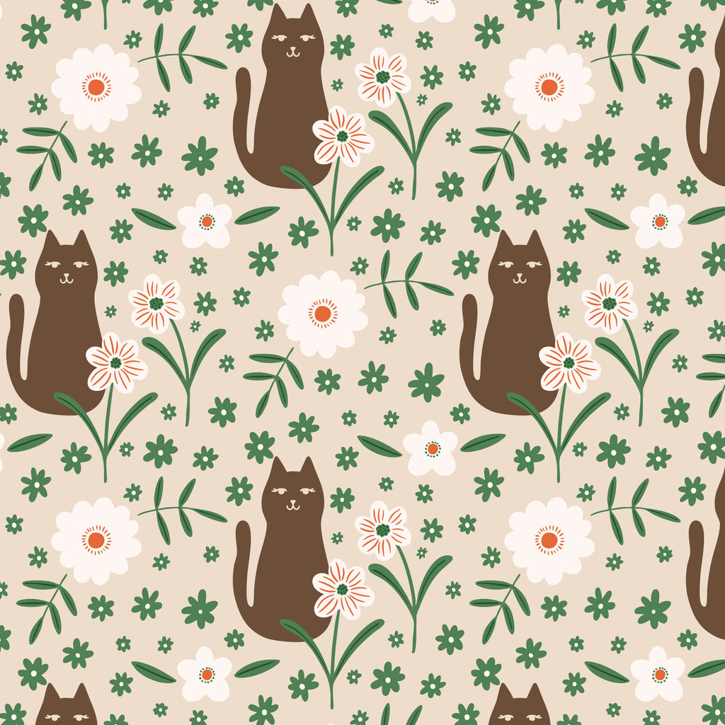 PRE-ORDER - A Cat in the Flowers in Brown/Green - It was the 70's - Cloud9 Fabric - Quilting Fabric by the Yard
