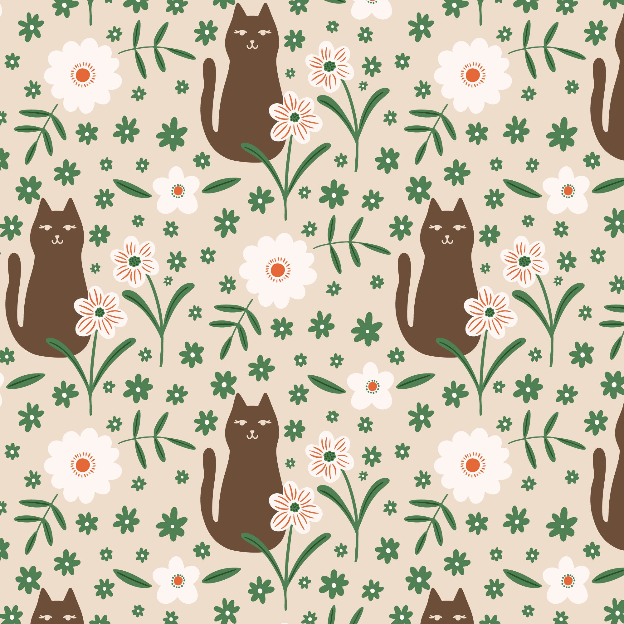 PRE-ORDER - A Cat in the Flowers in Brown/Green - It was the 70's - Cloud9 Fabric - Quilting Fabric by the Yard
