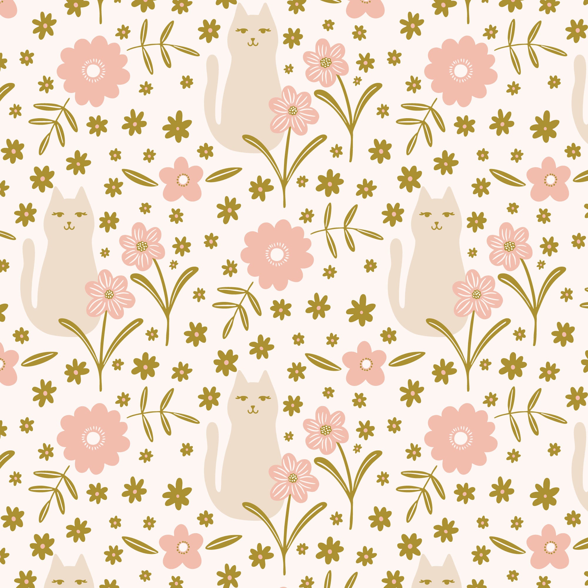 PRE-ORDER - A Cat in the Flowers in Pink/Olive - It was the 70's - Cloud9 Fabric - Quilting Fabric by the Yard
