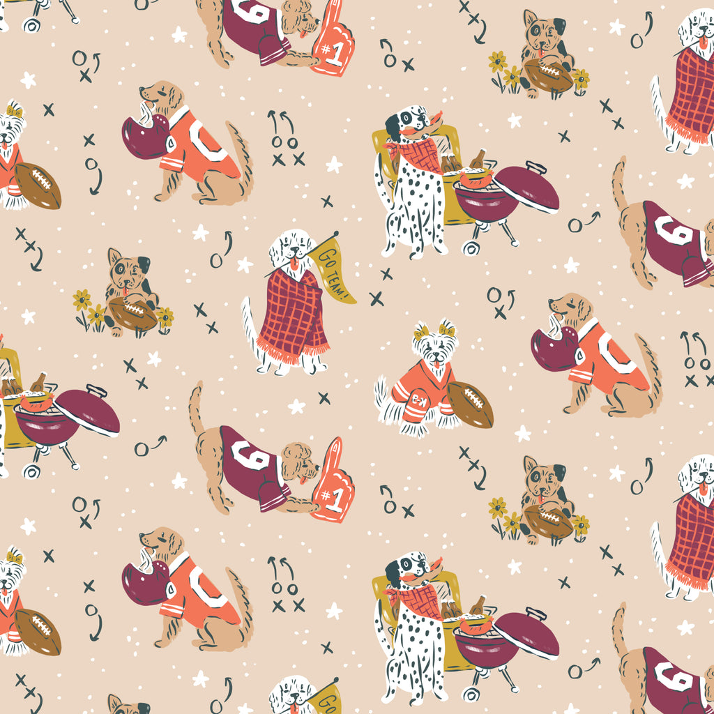 PRE-ORDER - Time Fur Football in Oat/Multi - Touchdowns & Tailwags - Cloud9 Fabric - Quilting Fabric by the Yard