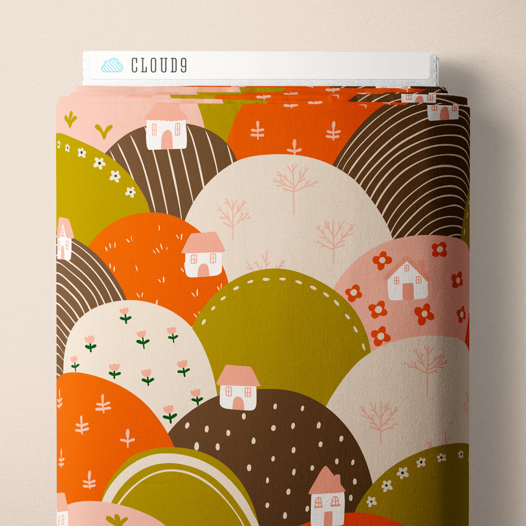 PRE-ORDER - Patchwork Hills in Pink/Brown - It was the 70's - Cloud9 Fabric - Quilting Fabric by the Yard