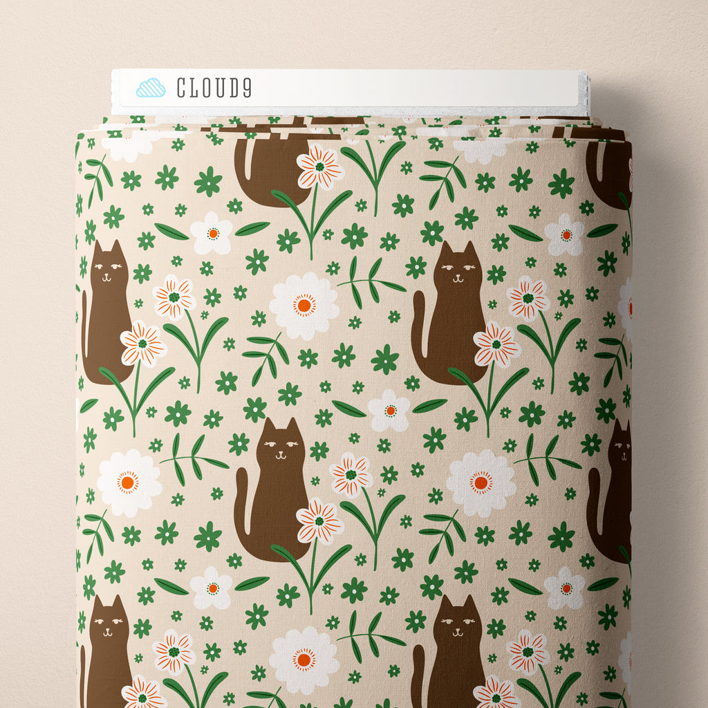 PRE-ORDER - A Cat in the Flowers in Brown/Green - It was the 70's - Cloud9 Fabric - Quilting Fabric by the Yard