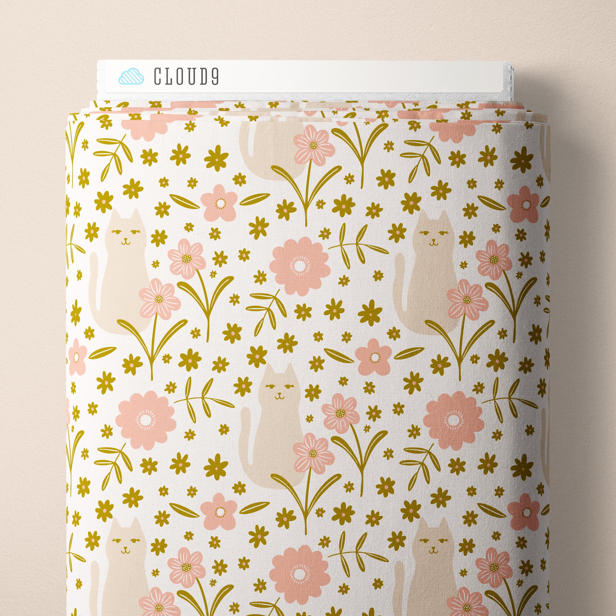 PRE-ORDER - A Cat in the Flowers in Pink/Olive - It was the 70's - Cloud9 Fabric - Quilting Fabric by the Yard