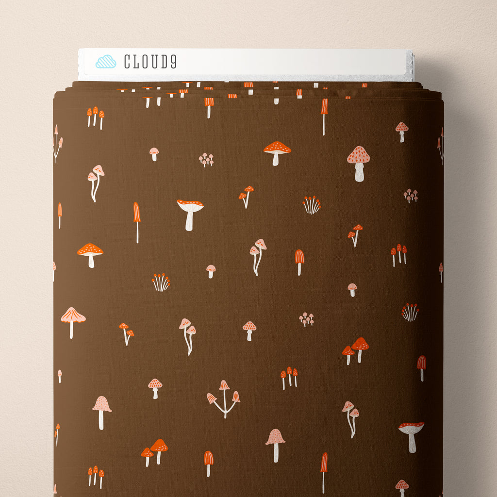 PRE-ORDER - March of the Mushrooms in Brown - It was the 70's - Cloud9 Fabric - Quilting Fabric by the Yard