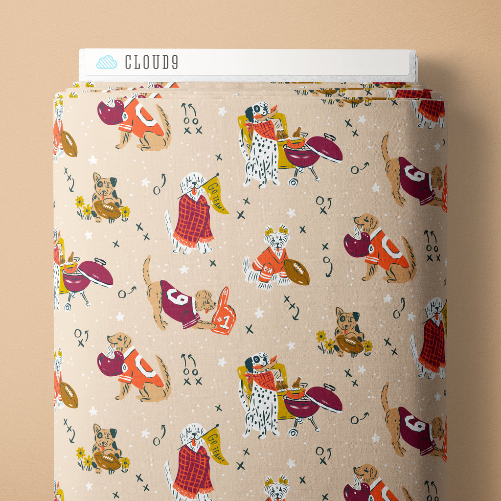 PRE-ORDER - Time Fur Football in Oat/Multi - Touchdowns & Tailwags - Cloud9 Fabric - Quilting Fabric by the Yard
