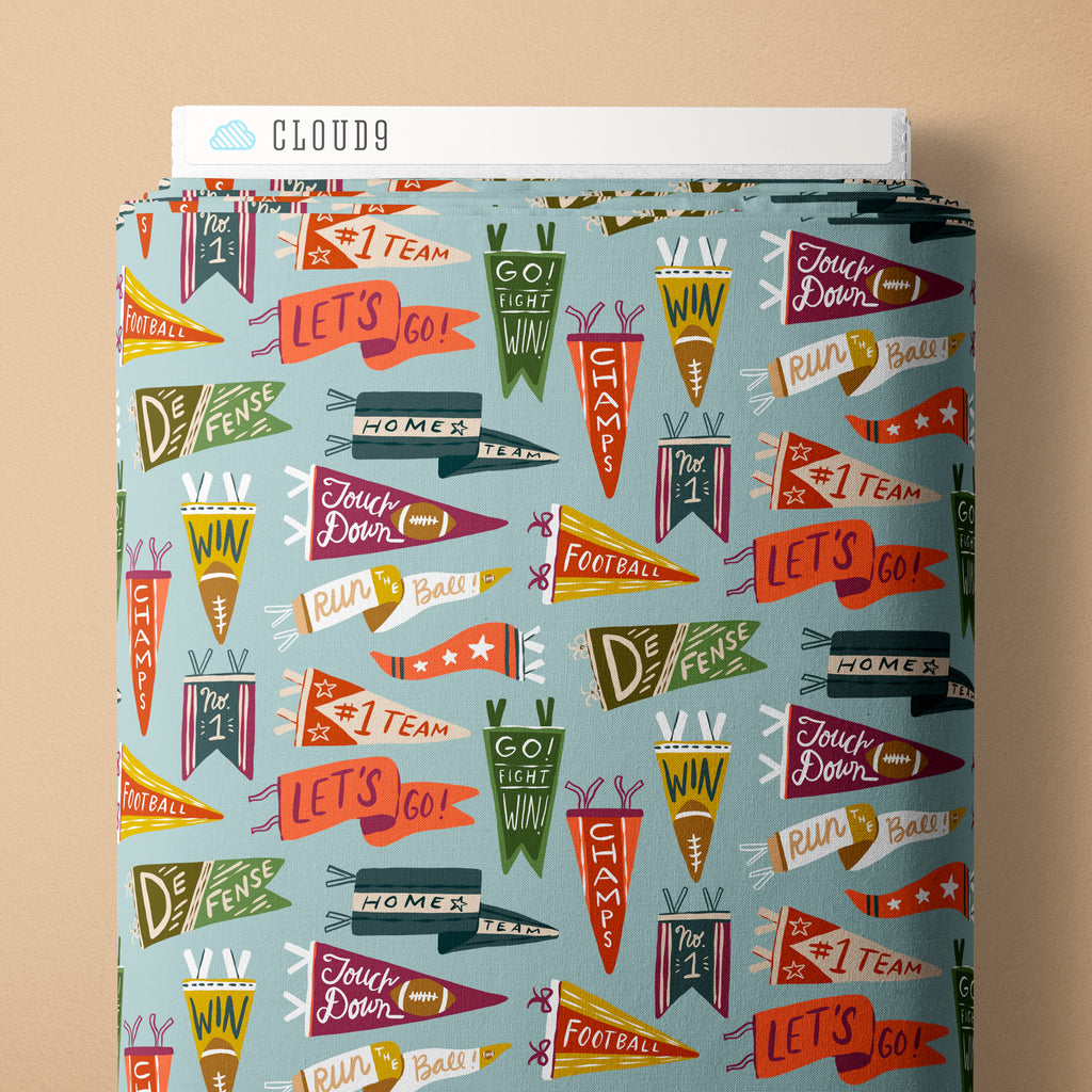PRE-ORDER - Vintage Victory in Blue/Multi - Touchdowns & Tailwags - Cloud9 Fabric - Quilting Fabric by the Yard